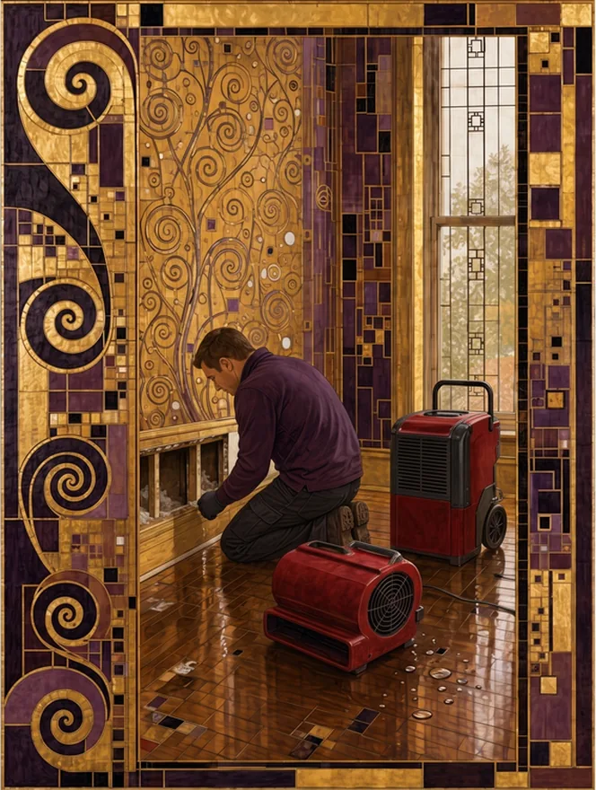 An illustrated Secession-style interior where a technician opens a wall beside a drying fan and a dehumidifier