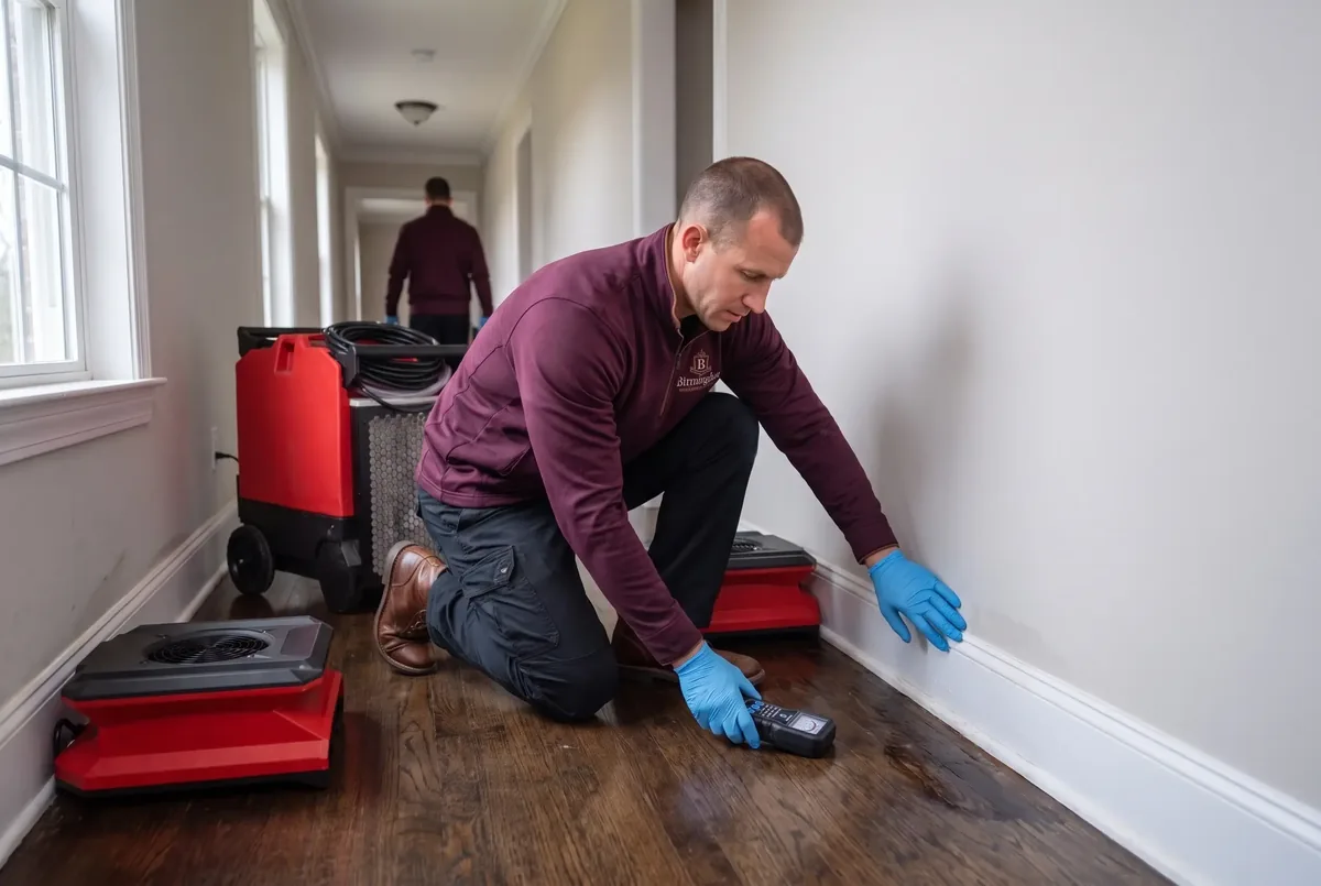 Technician reading a moisture meter along a baseboard in a hallway